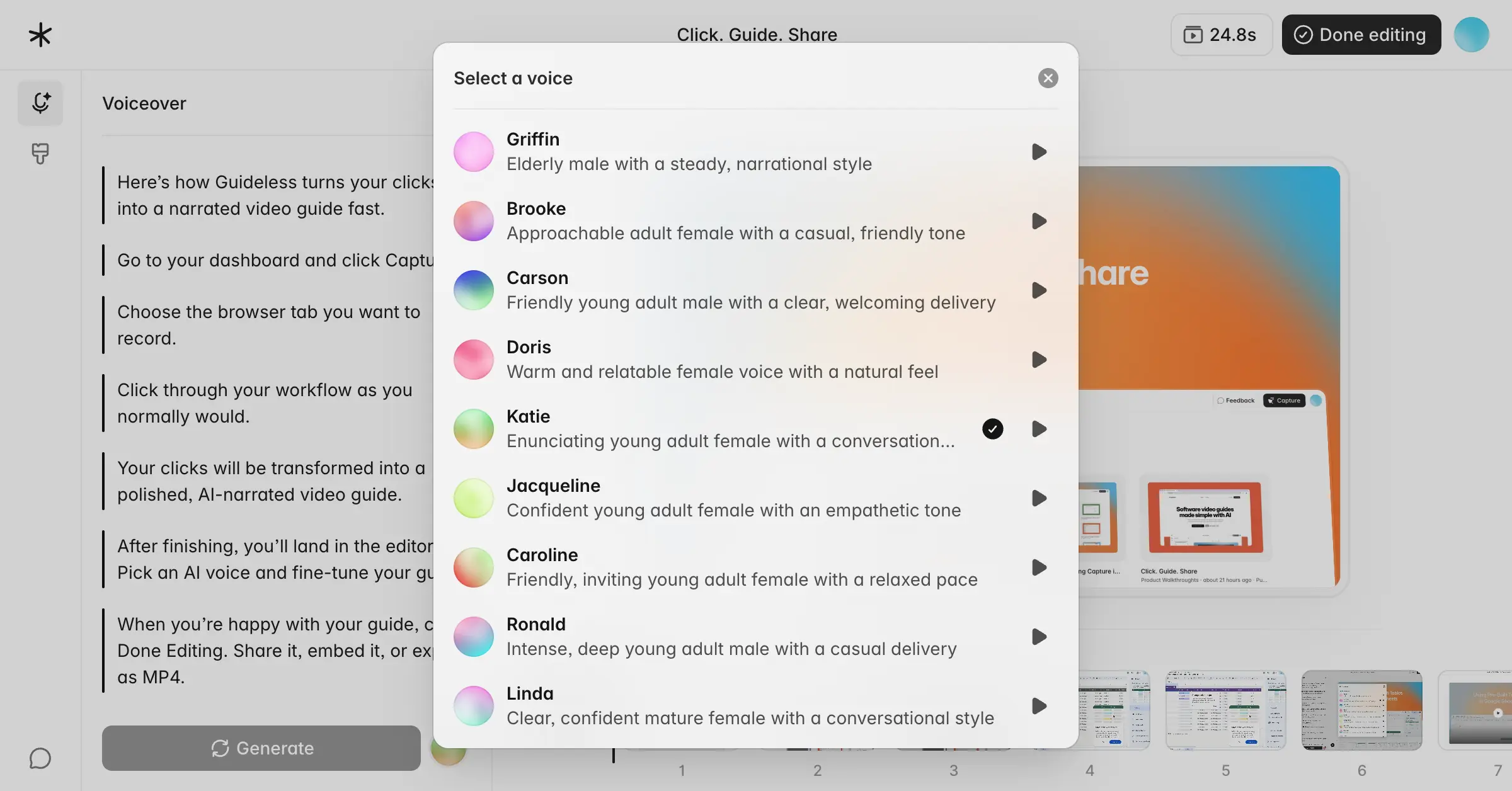 guideless.ai ai voiceover options selection.webp